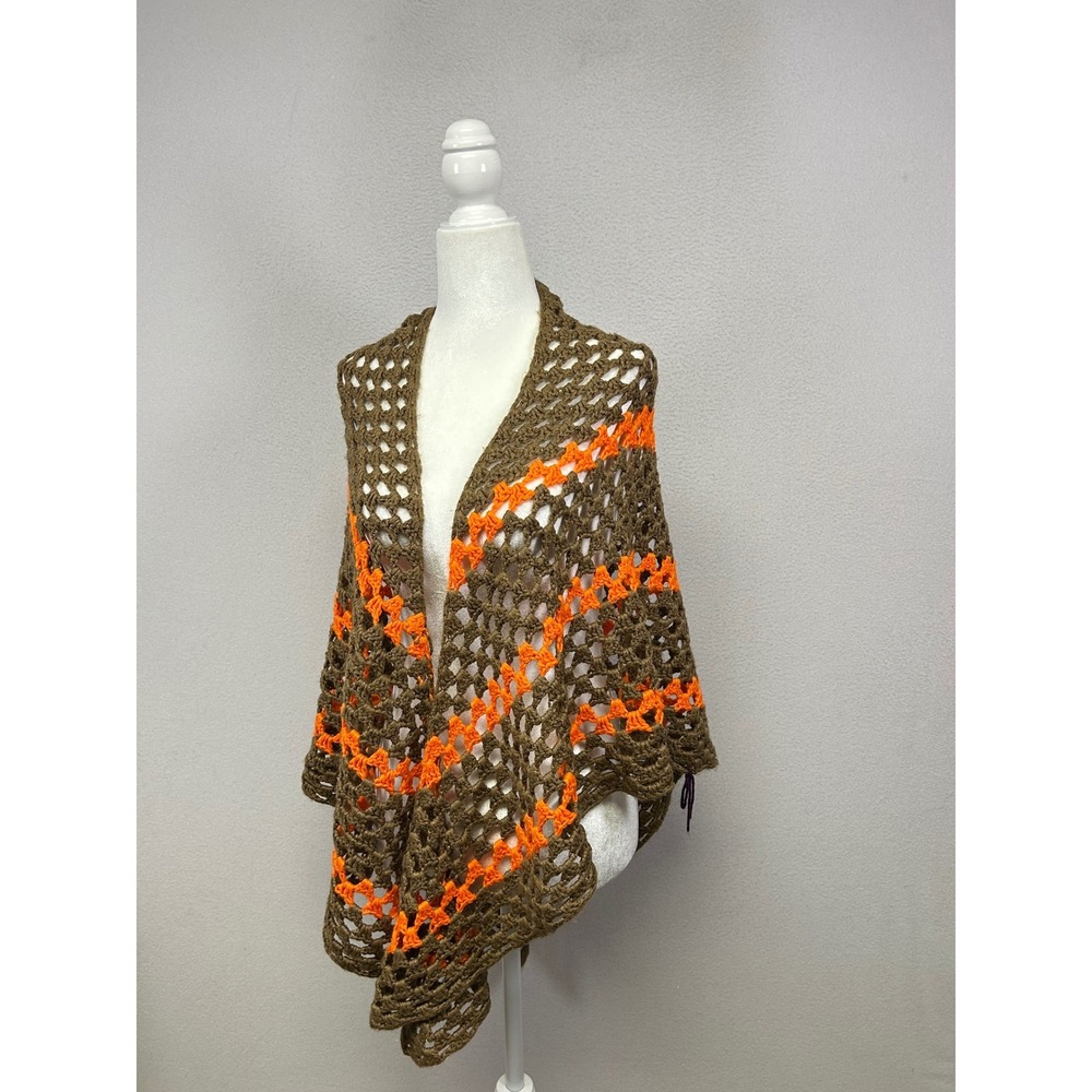 Boho Retro Handmade Women OS Brown Neon Orange Crochet Chevron Triangular Shawl